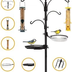 AshmanOnline Premium Bird Feeding Station With 2 Bird Feeders Included For Outside - Multi Feeder Pole Stand Kit With 4 Hangers, Bird Bath And 5 Prong Base For Attracting Wild Birds - 22 Inch Wide X 92 Inch Tall.