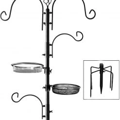 AshmanOnline Deluxe Bird Feeding Station (4 Pack) Bird Feeders For Outside - Multi Feeder Pole Stand Kit With 4 Hangers, Bird Bath And 3 Prong Base For Attracting Wild Birds - 22 Inch Wide X 92 Inch Tall.