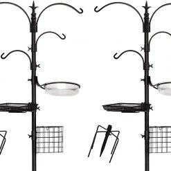 Ashman Online Ashman Deluxe Premium Bird Feeding Station, 22" Wide X 91" Tall (82 Inch Above Ground) Black, Multi Feeder Hanging Kit & Bird Bath For Attracting Wild Birds, Birdfeeder & Planter Hanger (2 Pack)