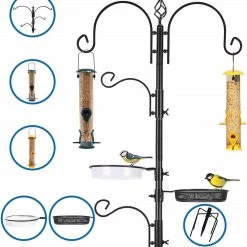 AshmanOnline Deluxe Bird Feeding Station With 2 Bird Feeders Included For Outside - Multi Feeder Pole Stand Kit With 4 Hangers, Bird Bath And 5 Prong Base For Attracting Wild Birds - 22 Inch Wide X 92 Inch.